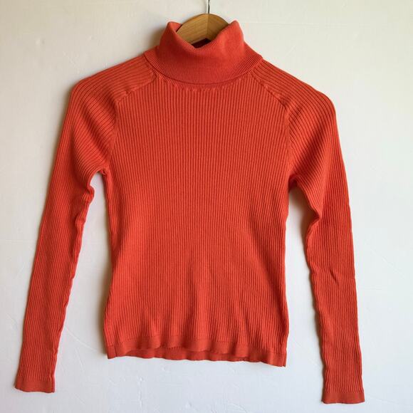 Coral Orange Ribbed Cotton Turtleneck Sweater Medium Lightweight Spring Layer - Picture 1 of 13